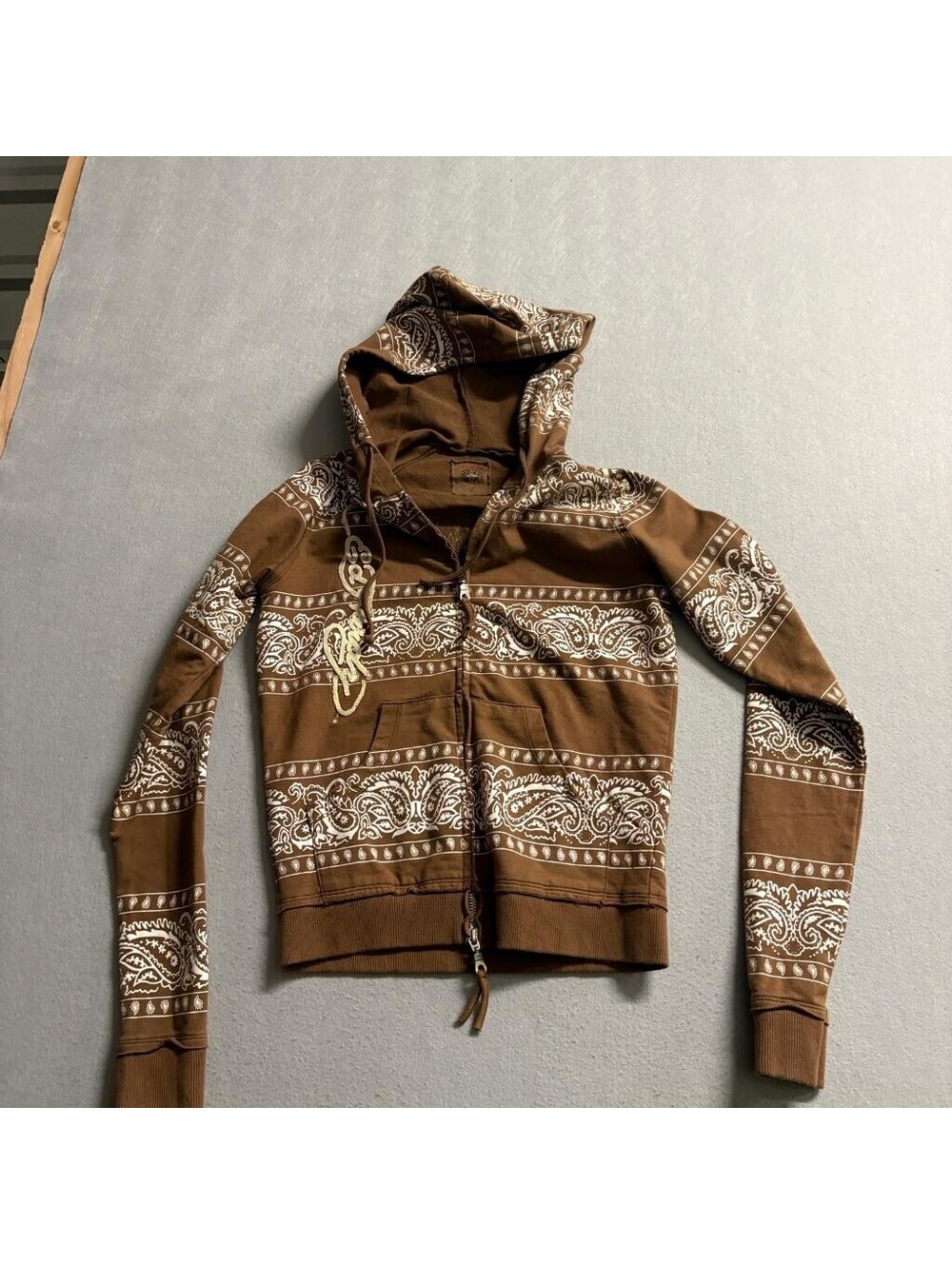 Ed Hardy Hoodie Womens Medium Brown Paisley Bandana Tiger Full Zip Sweatshirt